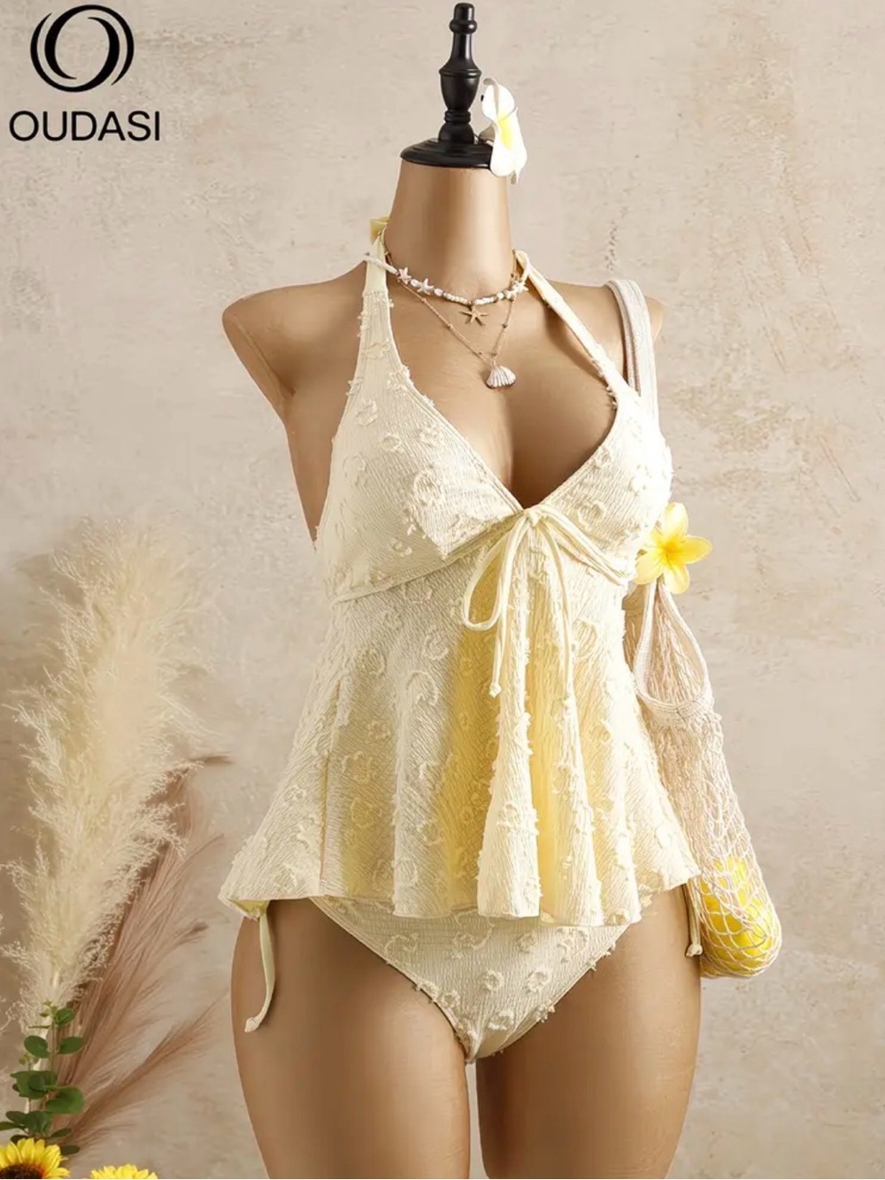 New OUDASI Textured Halter Tankini Bikini Set – Cream Yellow Size S